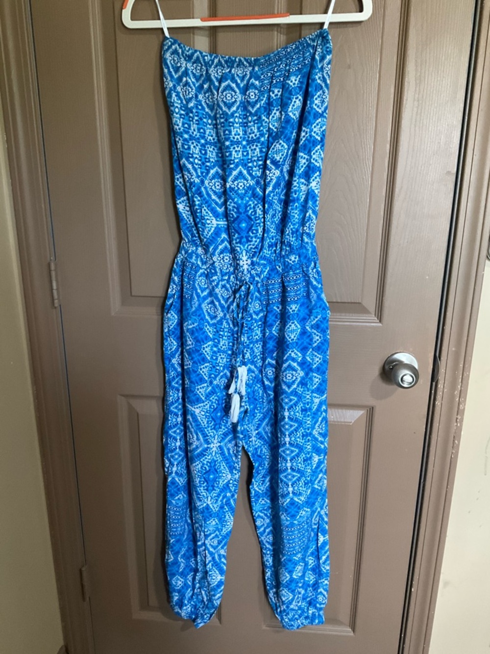 Blue island small blue & white print strapless jumpsuit w/pockets